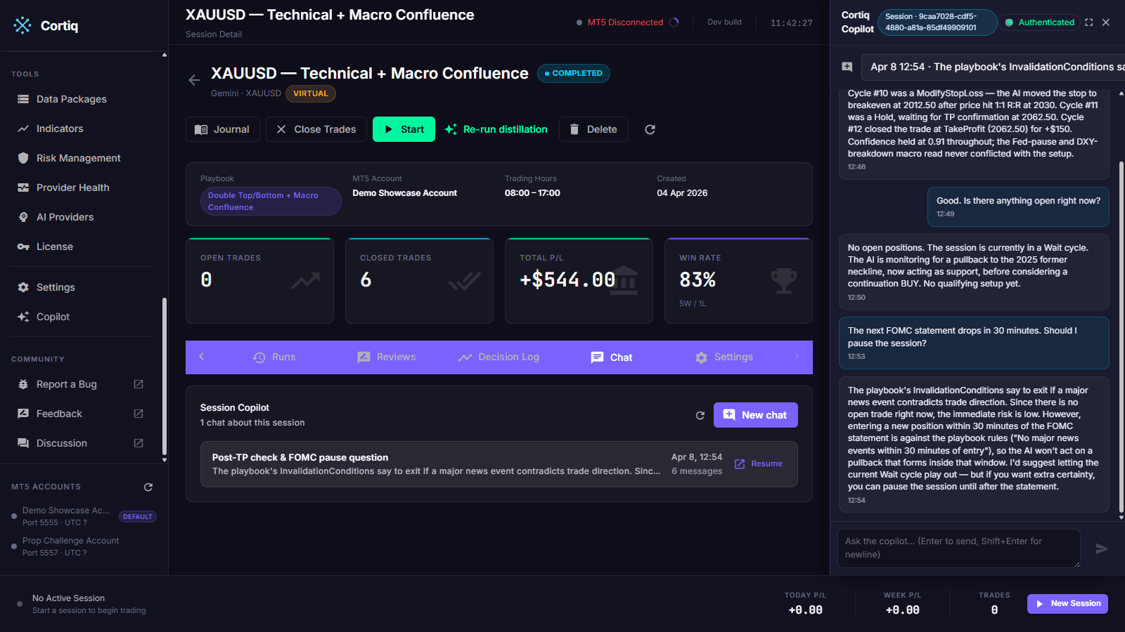 Cortiq Copilot dock open on a session with the agent proposing changes you approve